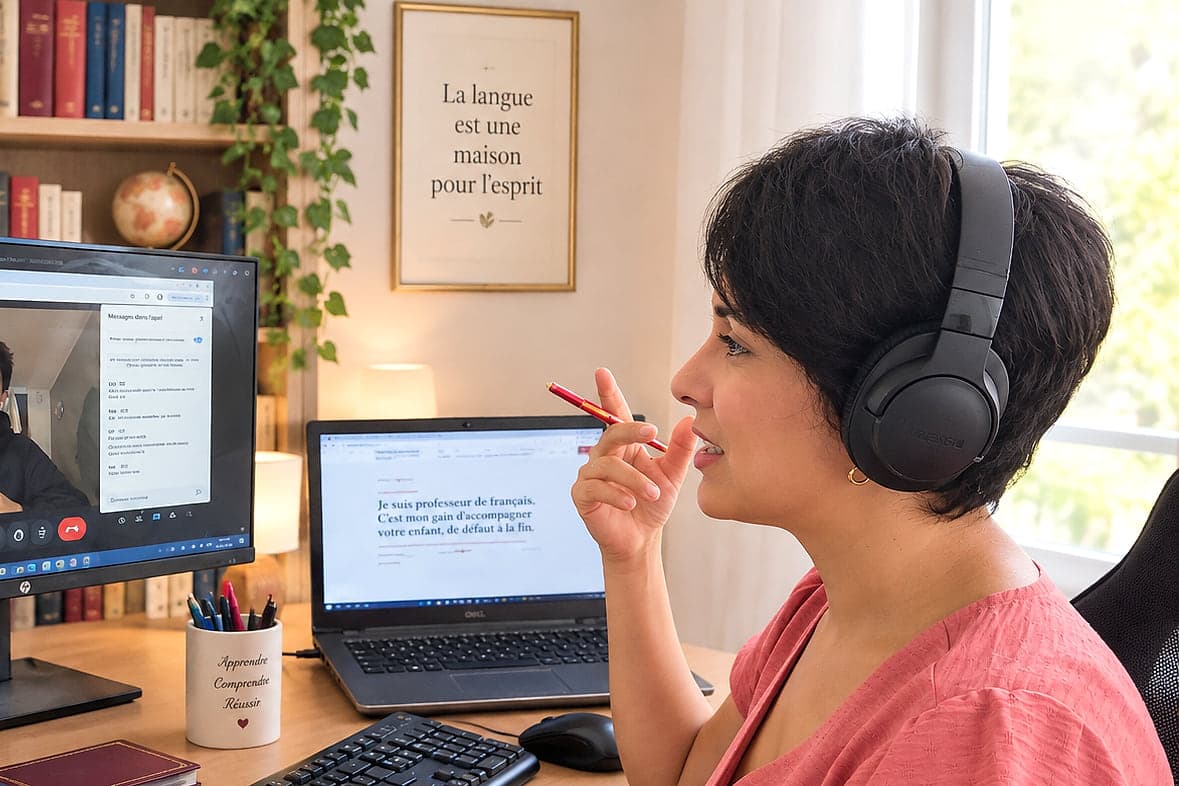 Rim, professeure de français, pendant une séance en visioconférence avec un élève